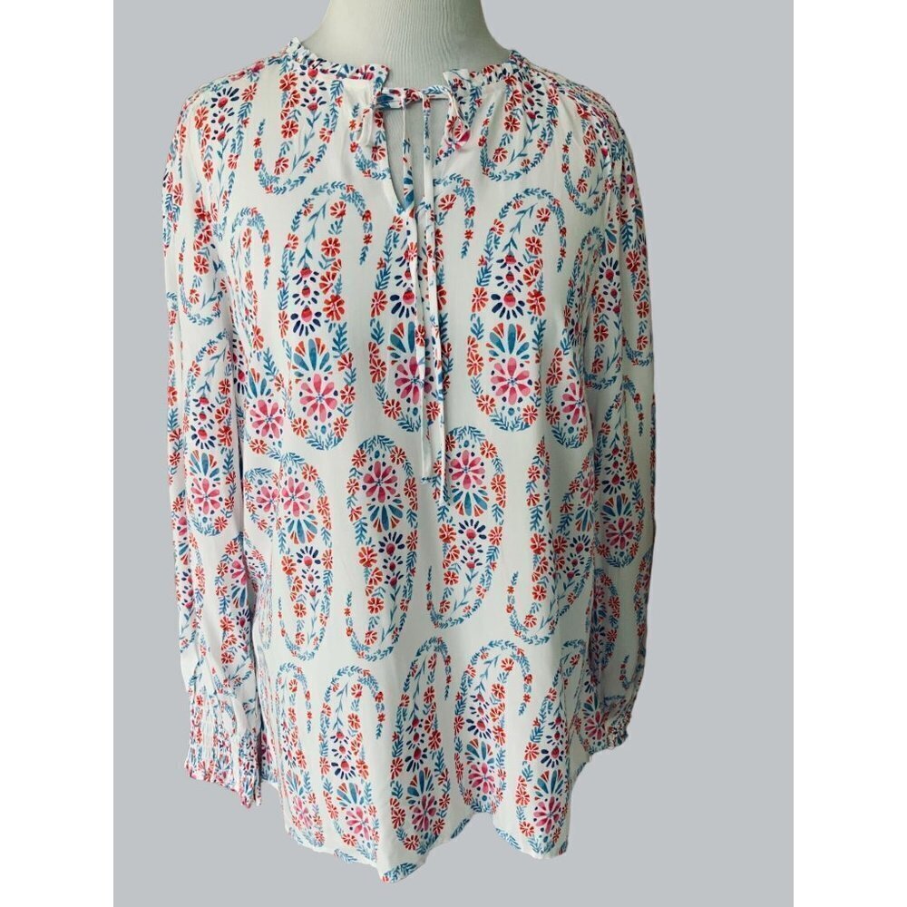 TALBOTS LADIES LS KEYHOLE CREW NECK MULTI COLOR PAISLEY TOP TUNIC BLOUSE EUC L